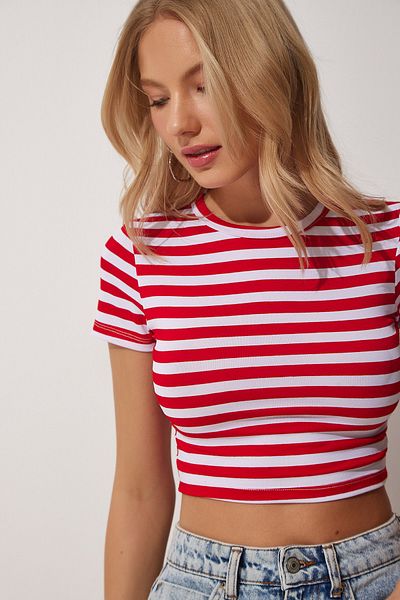 Happiness İstanbul Women's Red White Striped Crop Knitted T-Shirt AA00038