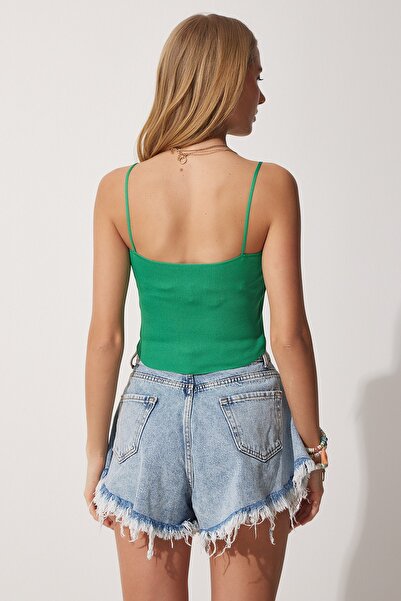 Happiness İstanbul Women's Green Blue Double Strap Crop Knitwear Blouse PN00072