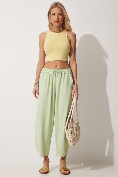 Happiness İstanbul Damen-Shalwar-Hose aus wassergrünem Leinen CI00036