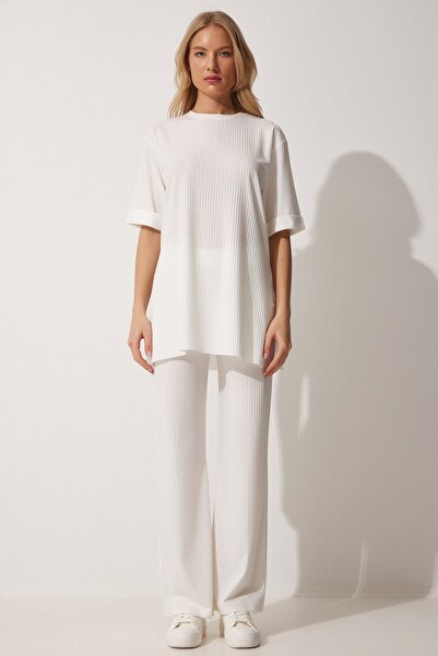 Happiness İstanbul Női fehér zsinóros sztreccs kötött felső és alsó szett KH00086