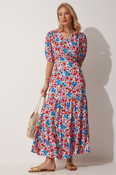 Happiness İstanbul Women's Red Blue Floral V-Neck Summer Woven Dress HM00062