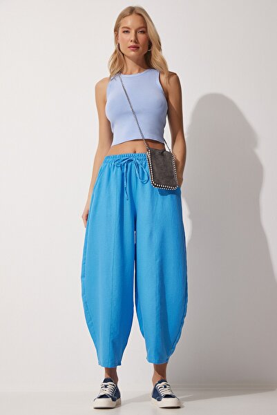 Happiness İstanbul Dámské modré plátěné kalhoty Shalwar DZ00081