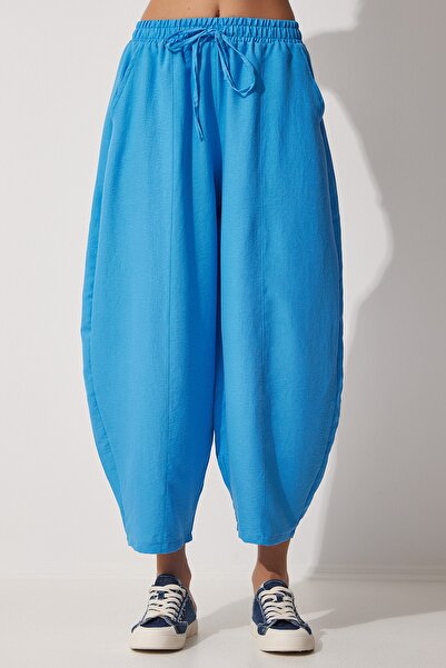 Happiness İstanbul Dámské modré plátěné kalhoty Shalwar DZ00081