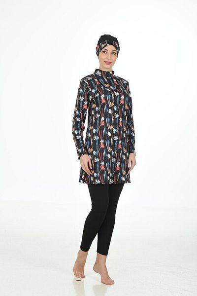 Fantasy Lycra Floral Patterned Stand Collar Black Hijab Swimsuit 3313