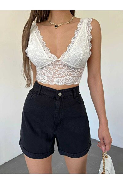 BosFonis Kadın Mom Kalıp Yıkamalı Siyah Denim Kot Şort