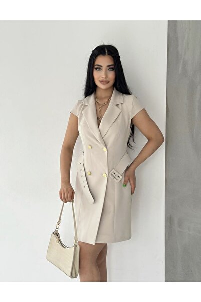 pembekurdelem Γυναικείο πέτρινο κοντομάνικο μπουφάν με χρυσό κουμπιά