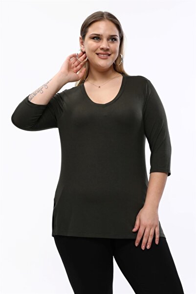 Seamoda V-neck Three-quarter Sleeve Viscon Blouse-khaki