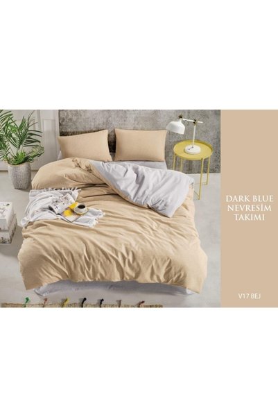 Sheri Home Tekstil Cotton Dark Blue Çift Kişilik Düz Pamuklu Nevresim Takımı Bej