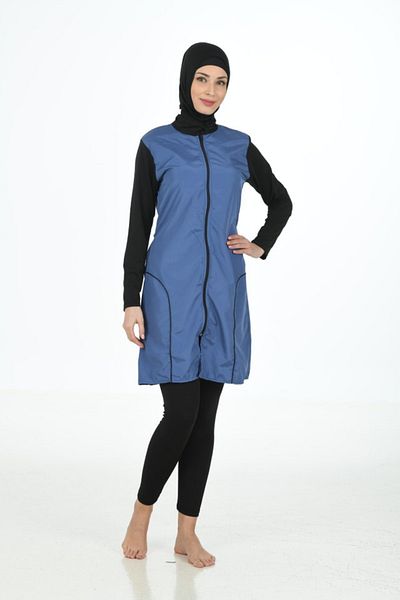Fantasy Solid Color Parachute - Lycra Fabric Indigo Black Hijab Swimsuit 3372