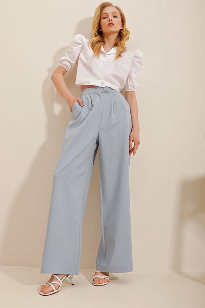Trend Alaçatı Stili Pantaloni de damă, albaștri, cu buzunare duble, plisate Palazzo ALC-X10171