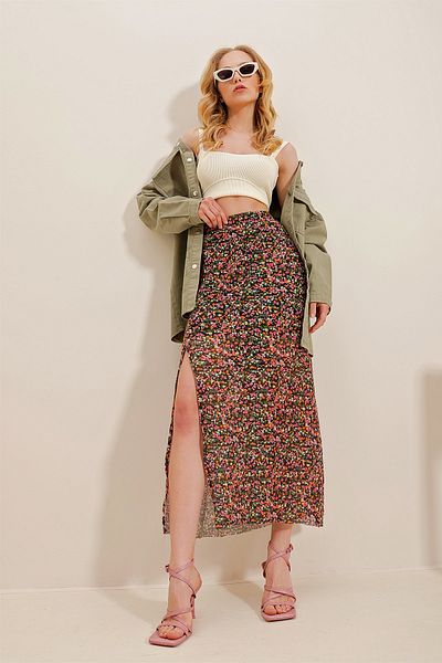 Trend Alaçatı Stili Women's Mix Slit Lined Patterned Tulle Chiffon Skirt ALC-X10168