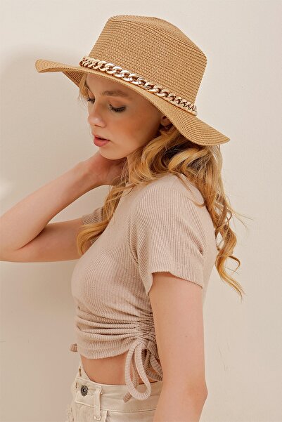 Trend Alaçatı Stili Női bézs lánc részletes, széles szalmakalap ALC-X10183