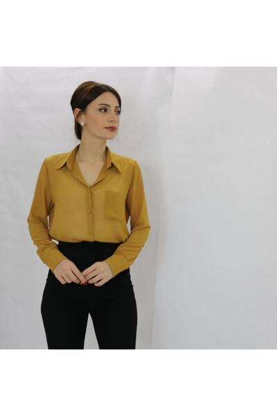 ROZALLİNİ Yağ Yeşili Uzun Kollu Şifon Gömlek