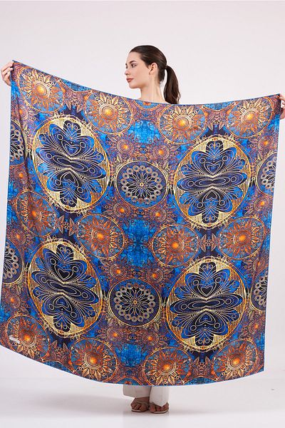 Nomads Felt 100% Silk Shawl Scarf| Mandala Pattern| 140 cm| Blue