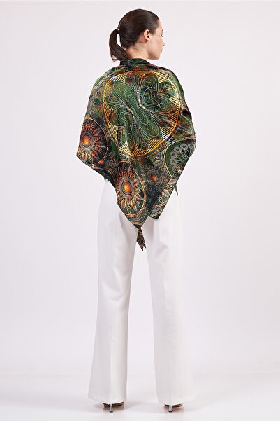 Nomads Felt Khaki 100% Silk Mandala Patterned Shawl Scarf - 140 cm