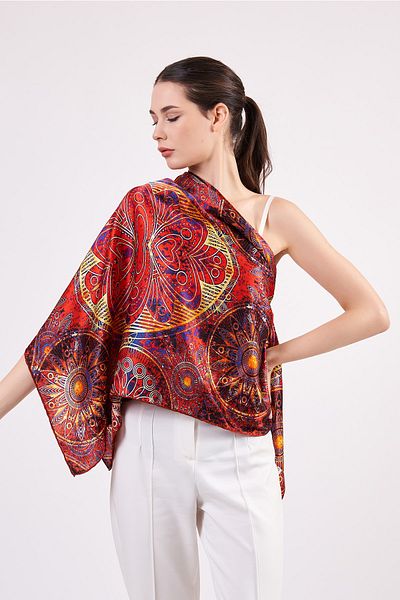 Nomads Felt 100% Silk Shawl Scarf| Mandala Pattern| 140 cm| Red