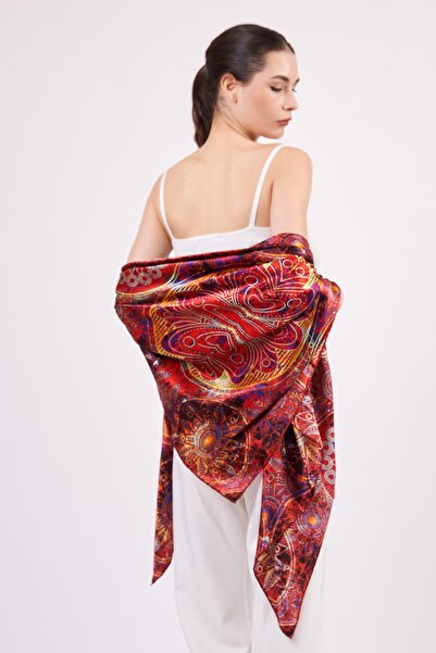 Nomads Felt 100% Silk Shawl Scarf| Mandala Pattern| 140 cm| Red