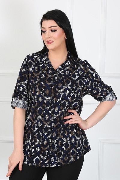 By Alba Collection Women's Navy Blue Patterned Cotton Viscose Large Size Shirt