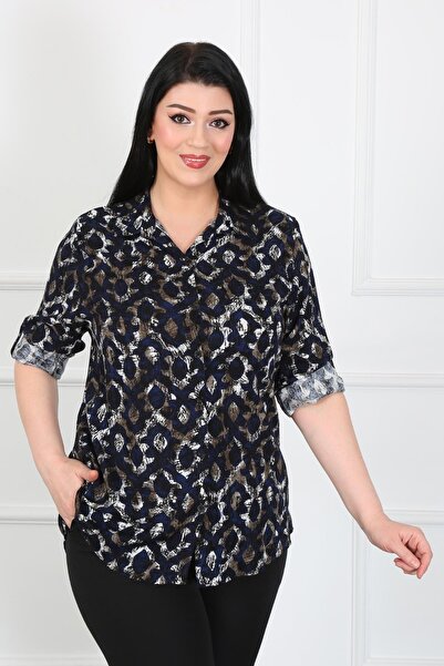 By Alba Collection Жіночий темно-синій візерунчастий бавовняний віскозний гольф плюс розмір Сорочка