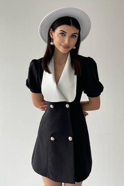 lovebox Atlas Fabric Jacket Dress Design Wide Collar Short Sleeve Black Jacket Dress Black Evening Dress 154