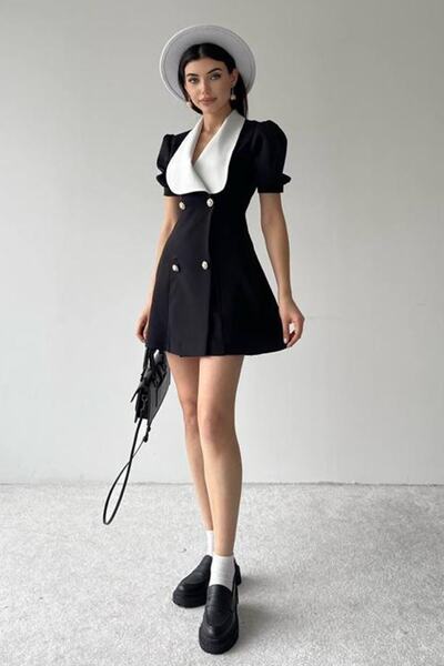 lovebox Atlas Fabric Jacket Dress Design Wide Collar Short Sleeve Black Jacket Dress Black Evening Dress 154