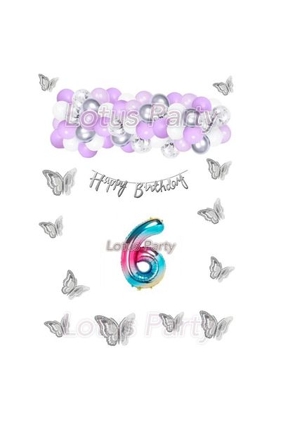 LOTUS PARTY 6 Year Old Silver Butterfly Themed Party Balloon Set Silver Butterfly - Lilac White Balloon Happy Text Number Balloon
