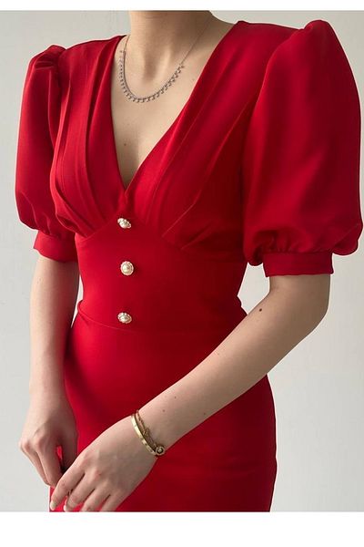 Secret Passion Lingerie Țesătură Atlas de bumbac pentru femei, cu nasturi, cu decolteu în V, mâneci scurte cu balon, lungime midi, rochie roșie cu croi cu clopot 153
