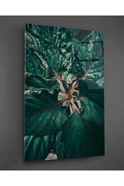 TAULART Pictură verticală pe sticlă cu frunze verzi macro