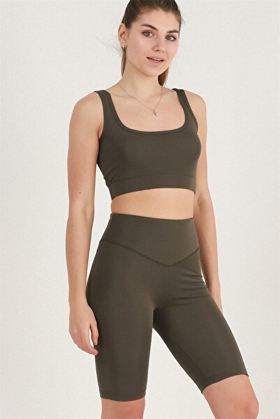 missmaral Kadın Haki Renk Biker Spor Şort Tayt Ve Büstiyer Takım 2'li Set Mevsimlik Yüksek Bel Bikers-bra 1307