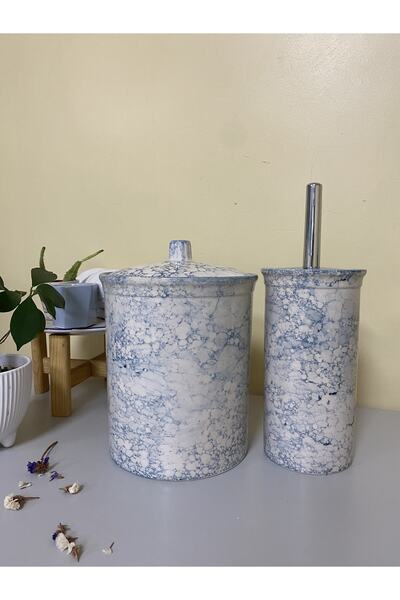 Generic Brand Trash Can & Toilet Brush Holder Blue Marble Pattern
