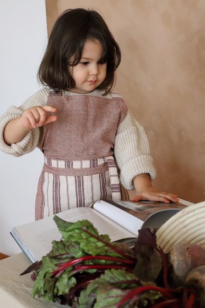 vivamaison Pamuk Keten Bordo Çizgili Cepli Çocuk Ve Yetişkin Mutfak Önlüğü Se...