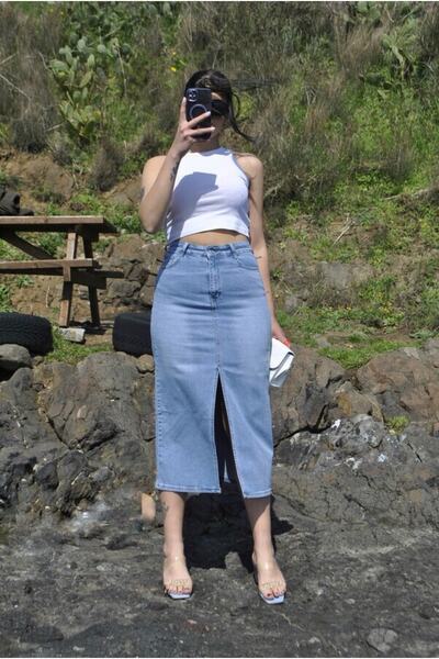 Zenobia Zra Brand Model Denim Front Slit Long Skirt Blue