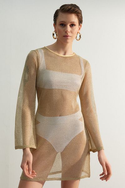 Trendyol Collection Arany csillogó rövid estélyi ruha - kötött hálós TPRSS23EL00518