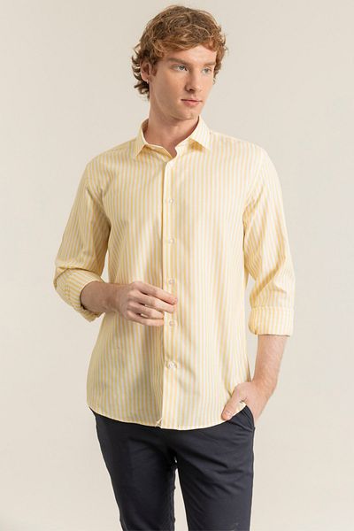 alenmeza Men's Yellow Striped Cotton Oxford Shamre Modern Fit Pocketless Shirt