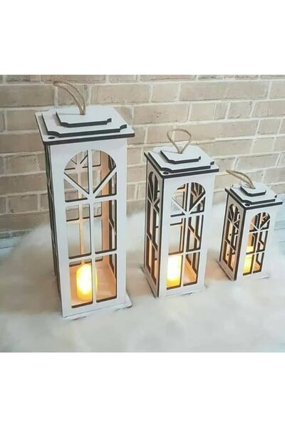 PLANET STORE Dekoratif Ahşap Üçlü Fenerlik ( Mumluk )