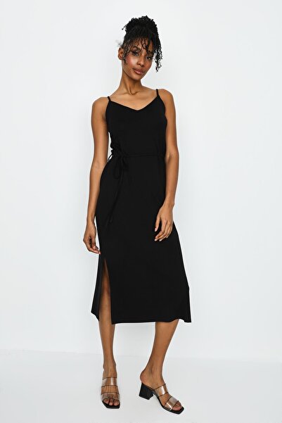 Select Moda Kadın V Yaka Desenli Yırtmaç Detaylı Uzun Elbise