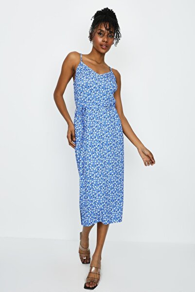 Select Moda Дамска синя дълга рокля с V-образно деколте и шарка