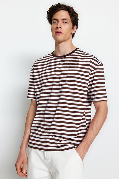 Trendyol Collection Светлокафява тениска с голямо деколте на райе - Tmnss20Ts0511