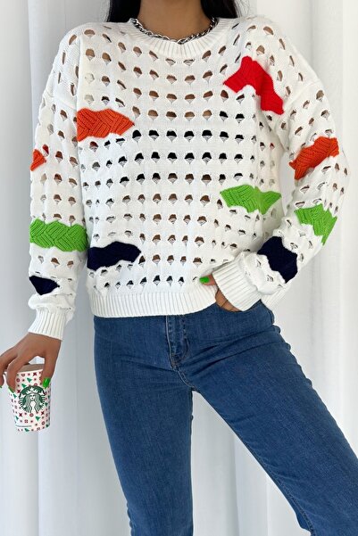 FEMELLE Women's New Season Low Shoulder Color Detailed Openwork Knitwear Sweater