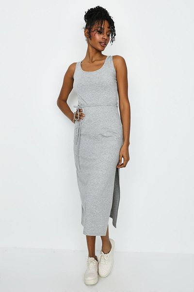 Select Moda Women's Gray Waist Belted Slit Long Dress