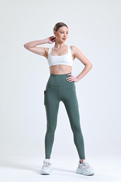 THIFF GYMWEAR Colanți sport cu împingere cu talie înaltă, verzi, cu buzunar d...