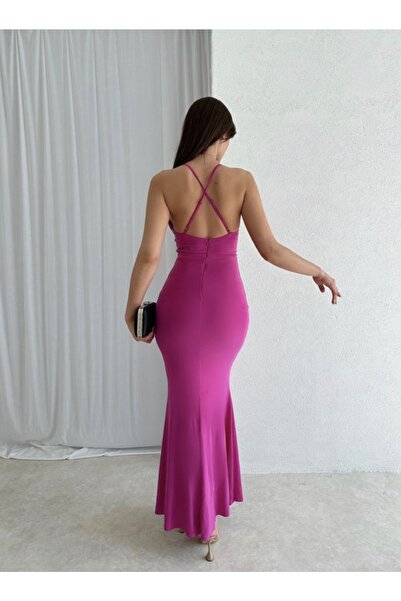Afiş Butik Fuşya Sırt Detaylı Balık Kesim Midi Boy Elbise