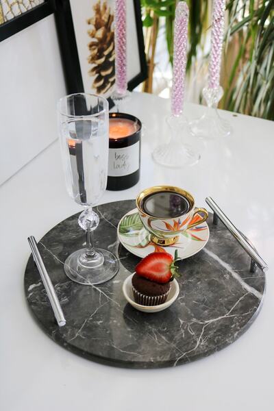 Gemboss Black Natural Marble Tray Round 28 Cm Silver Handle Engagement Promis...