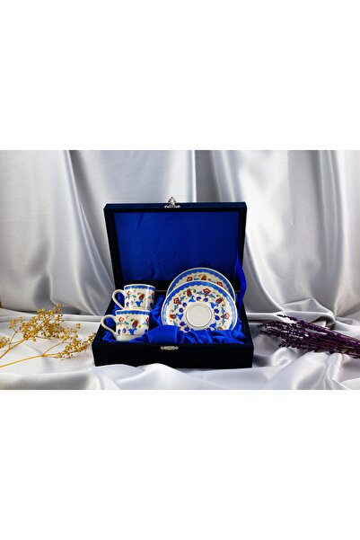 Kütahya Serigrafi 2'li Altın Yaldızlı Porselen Fincan Takımı Kadife Kutulu