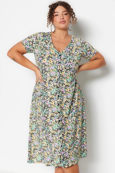 Trendyol Curve Multicolor Floral Print Button Knitted Plus Size Dress Tbbss23Ah00240