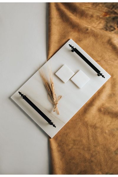 MERALP Thin Real Marble Black Promise/ Engagement Tray with 2 Removable Rings, Metal Profile Handle