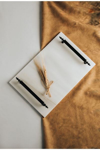 MERALP Thin Real Marble Black Promise/ Engagement Tray with 2 Removable Rings, Metal Profile Handle