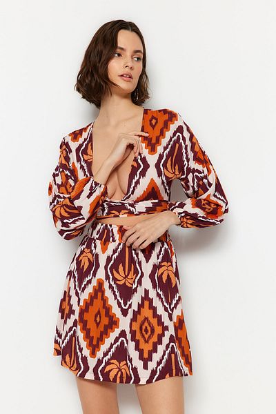 Trendyol Collection Tropical Patterned Woven Tied Blouse Skirt Set TBESS23AU00090