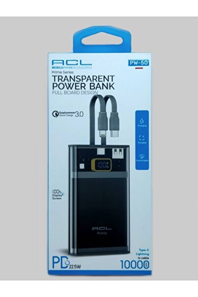 ACL MOBILE PHONE ACCESSORIES Pw-50 Şeffaf Yüzdelik Göstergeli 10000mah Lightning Ve Type-c Kablolu Hızlı Şarj Q3.0 Powerbank