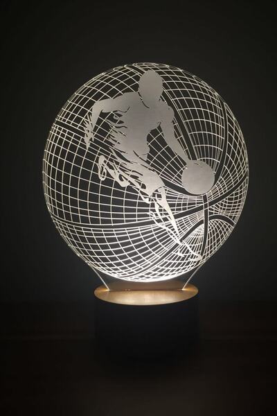 BY-LAMP Basketbol Topu, Basketbolcu Figürlü Dekoratif Hediye Led Masa Lambası | 7 Işık Rengi | Ahşap Taban